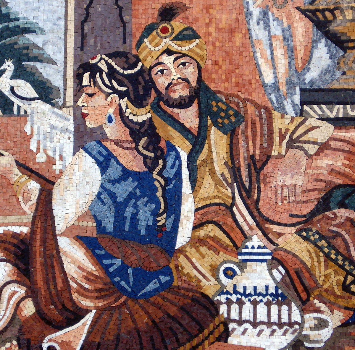 Handmade Mughal Couple Mosaic Tile Art: Royal Home Decor (58” x 58")