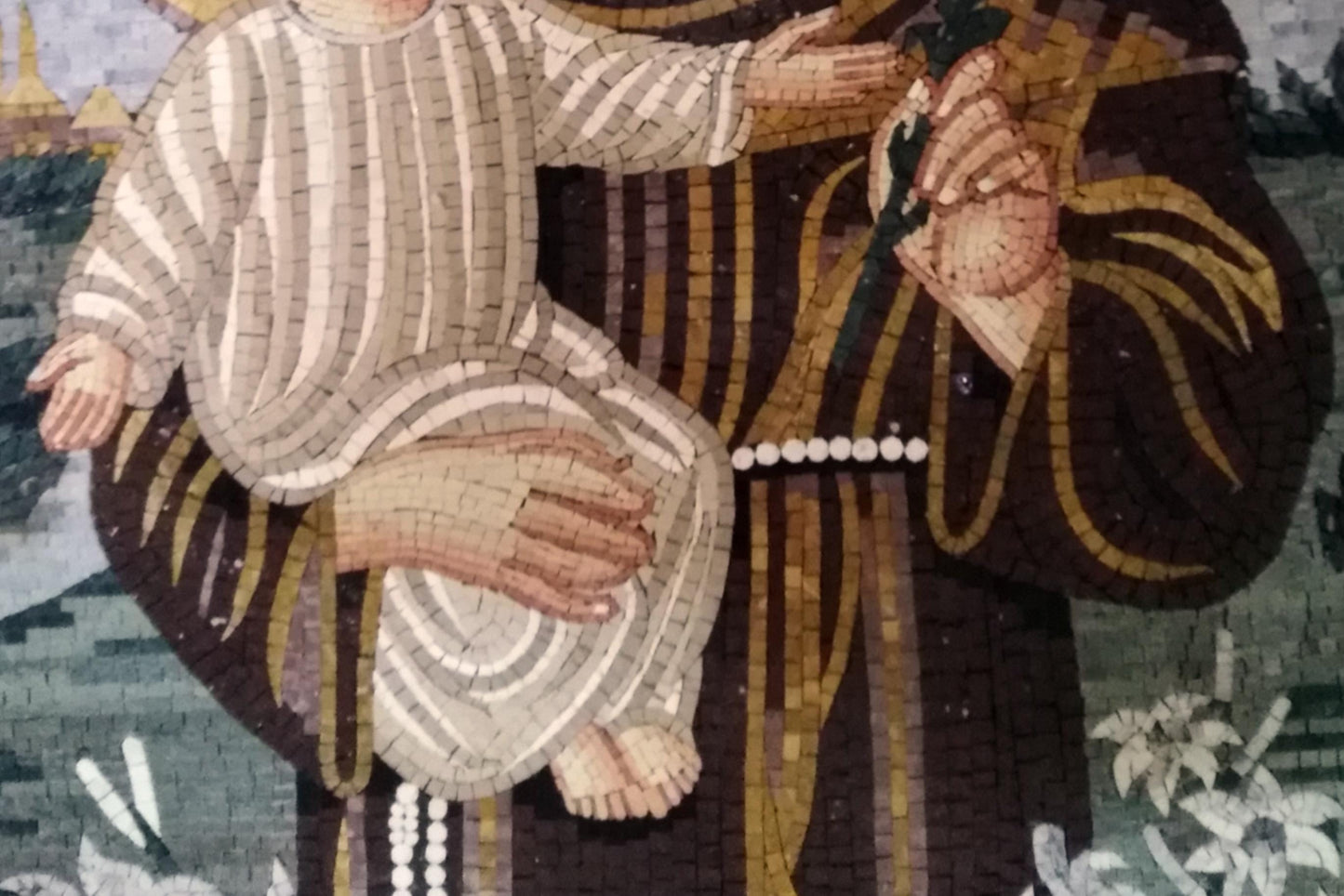 32"x38" Monk and Angelic Child Mosaic – Handmade Marble Tile Wall Art, Customization available