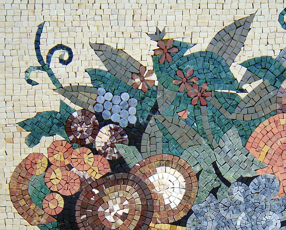 Handmade Fruit Basket Mosaic: Marble Stone Backsplash (30” x 20")