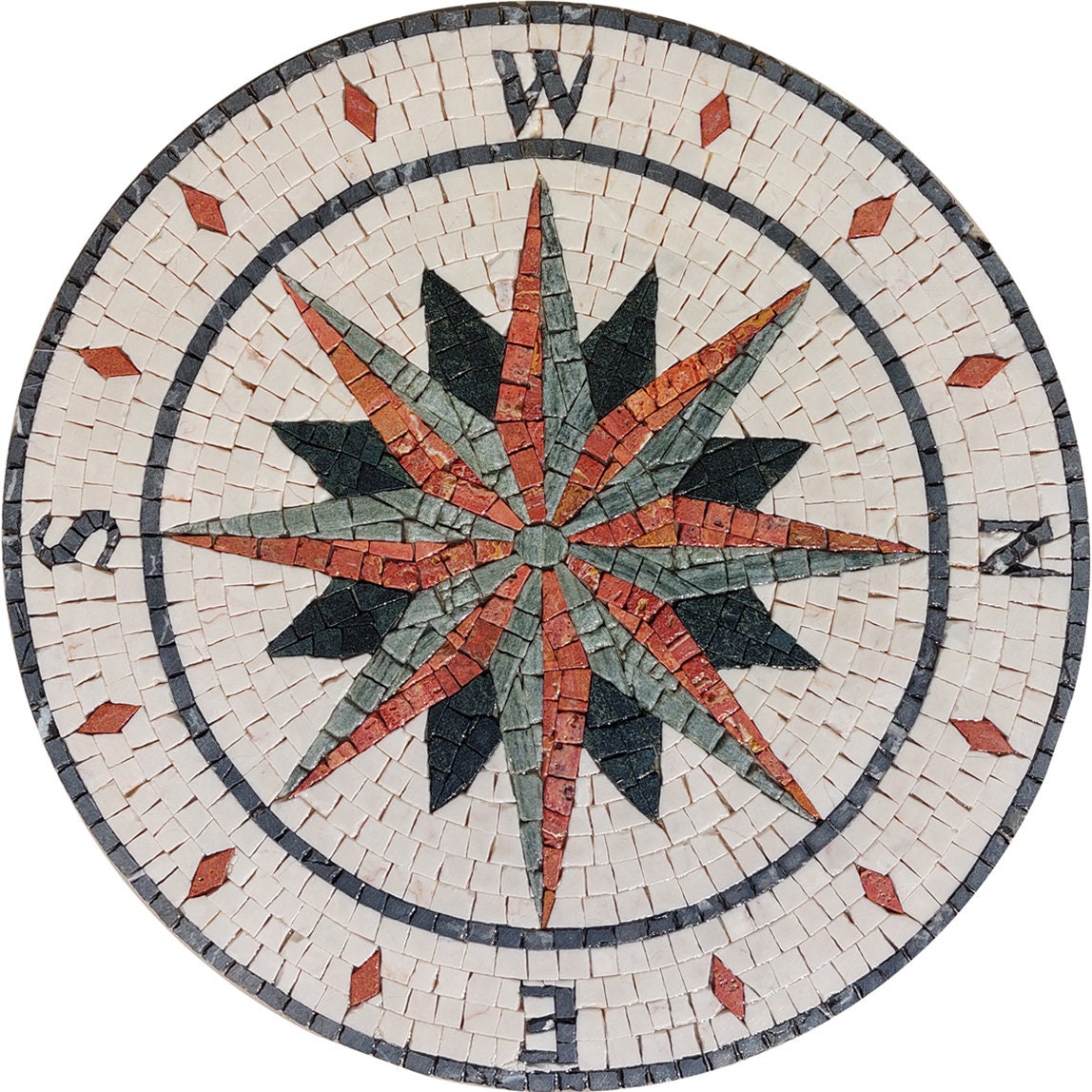 Handmade Compass Mosaic Tile: Nautical Marble Medallion (16" Diameter)