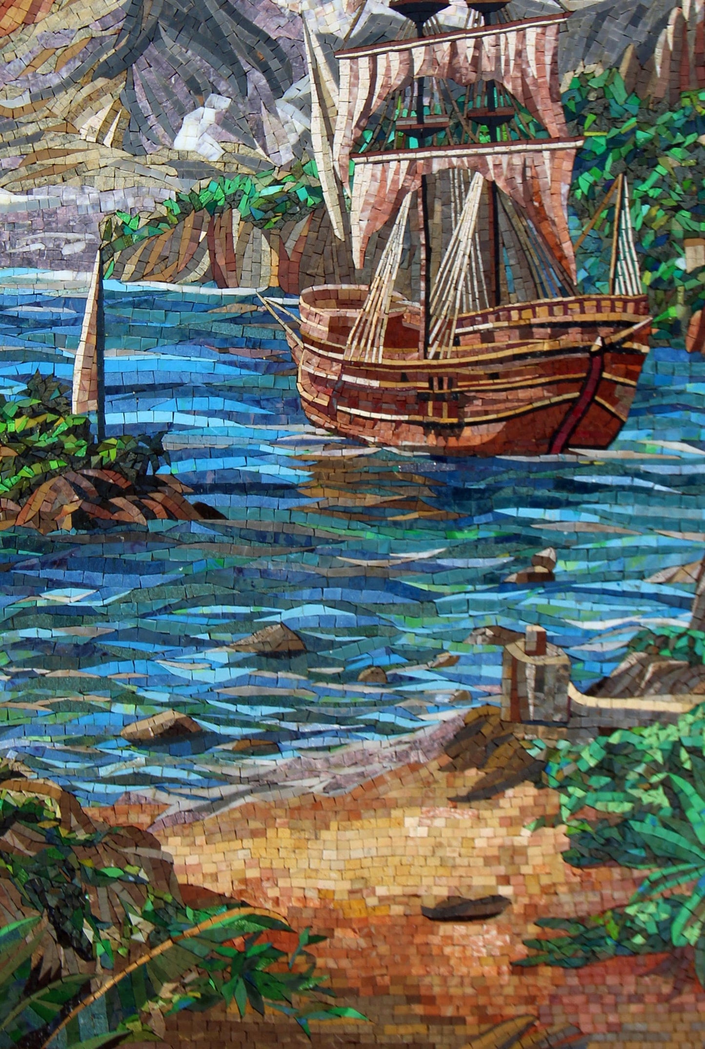 48"x32" Ships in Sea Mosaic Wall Art – Nautical Seascape, Coastal Home Decor, Customization available