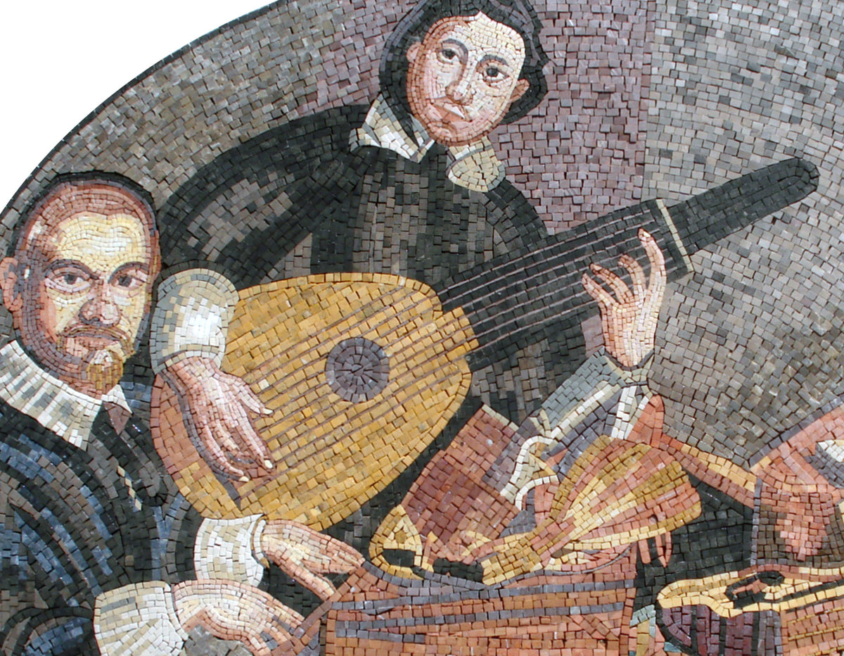 Handmade Marble Mosaic Mural: Two Musicians Playing Music