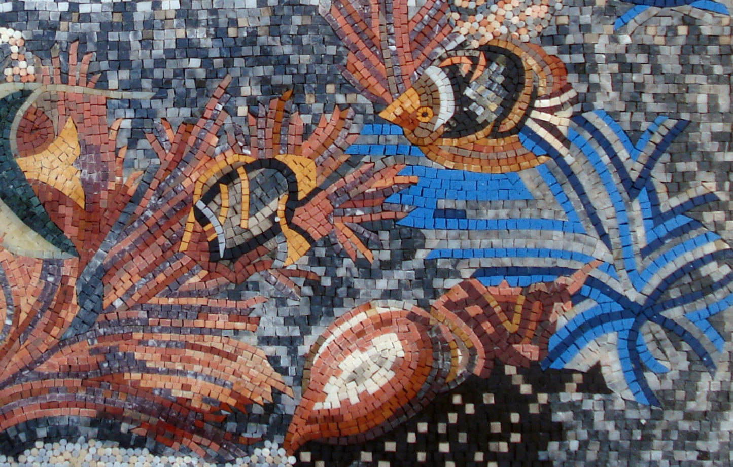 Handmade Dolphin Mosaic Mural: Coral Reef Marble Wall Art (52” x 34")