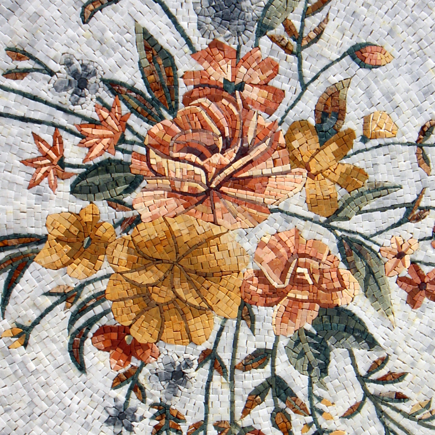 Peach and Goldenrod Blooms: Grey Background Mosaic Medallion with Floral Accents - Customization available