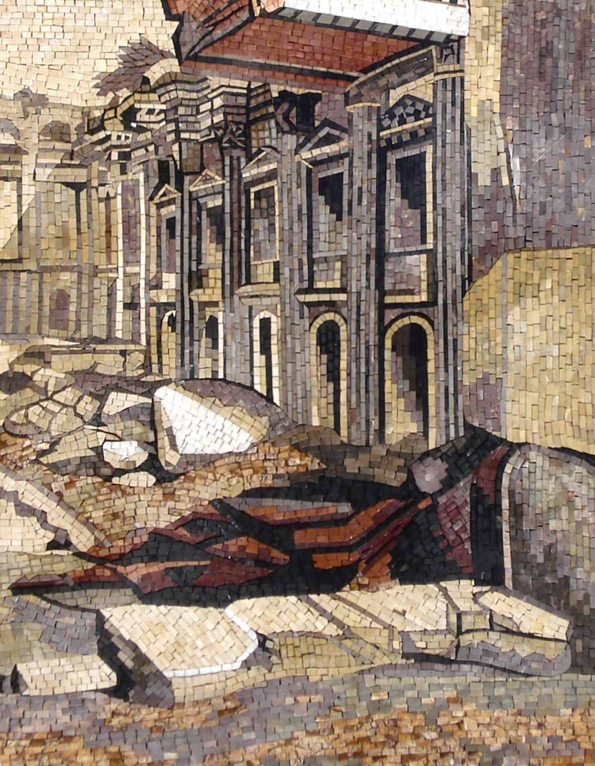 Handmade Ruin City Mosaic Tile Art: Marble Stone Wall Decor (62” x 48”)