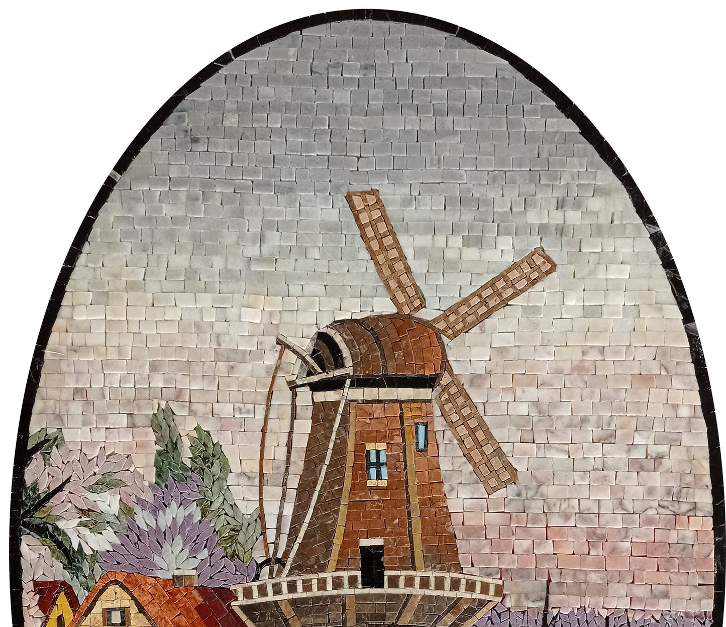 Handmade Marble Mosaic Wall Art: Windmill Landscape Scene