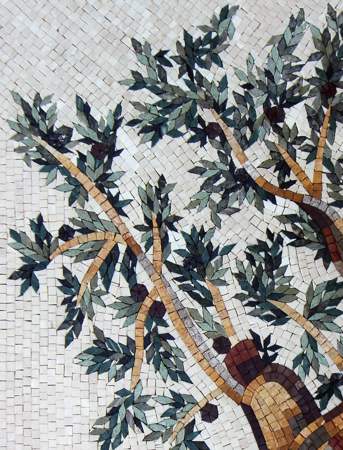 Handmade Olive Tree Mosaic Art: Marble Medallion Tile (40” x 30")