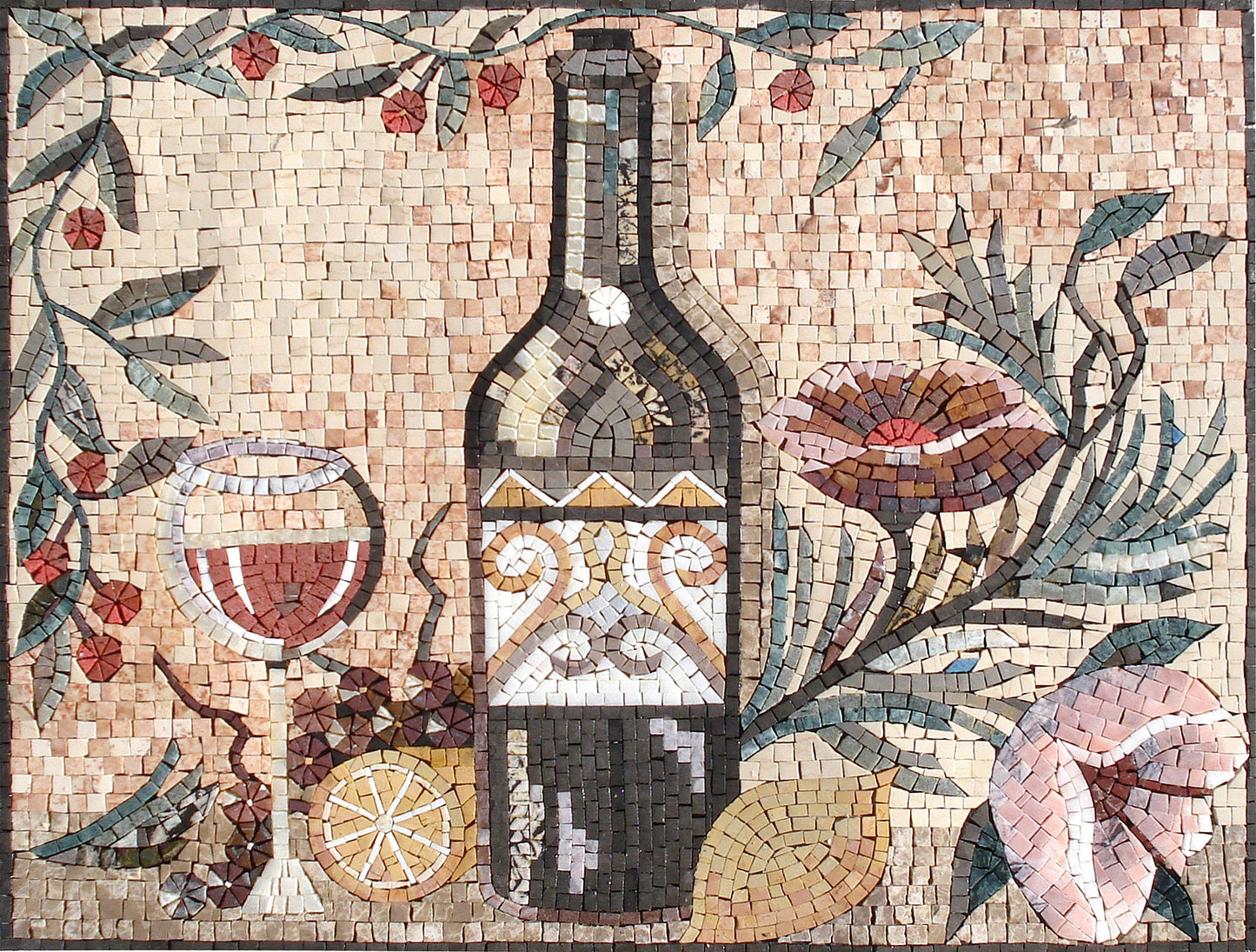 Handmade Marble Mosaic Tile Art: Wine & Nature Backsplash