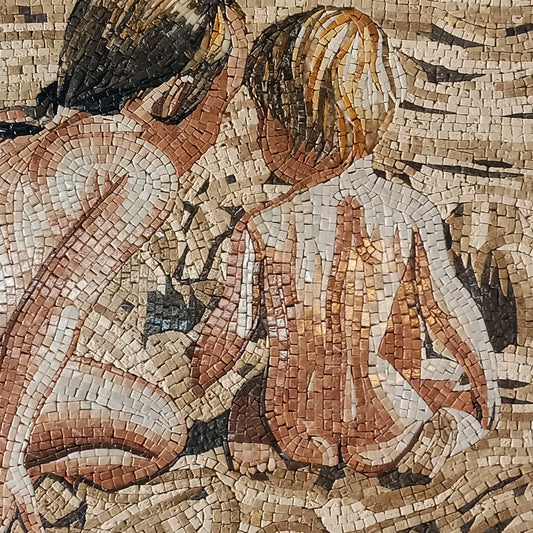 Handmade Beach Mosaic Tile: Children Playing in Sand, Marble Medallion (36" Diameter)