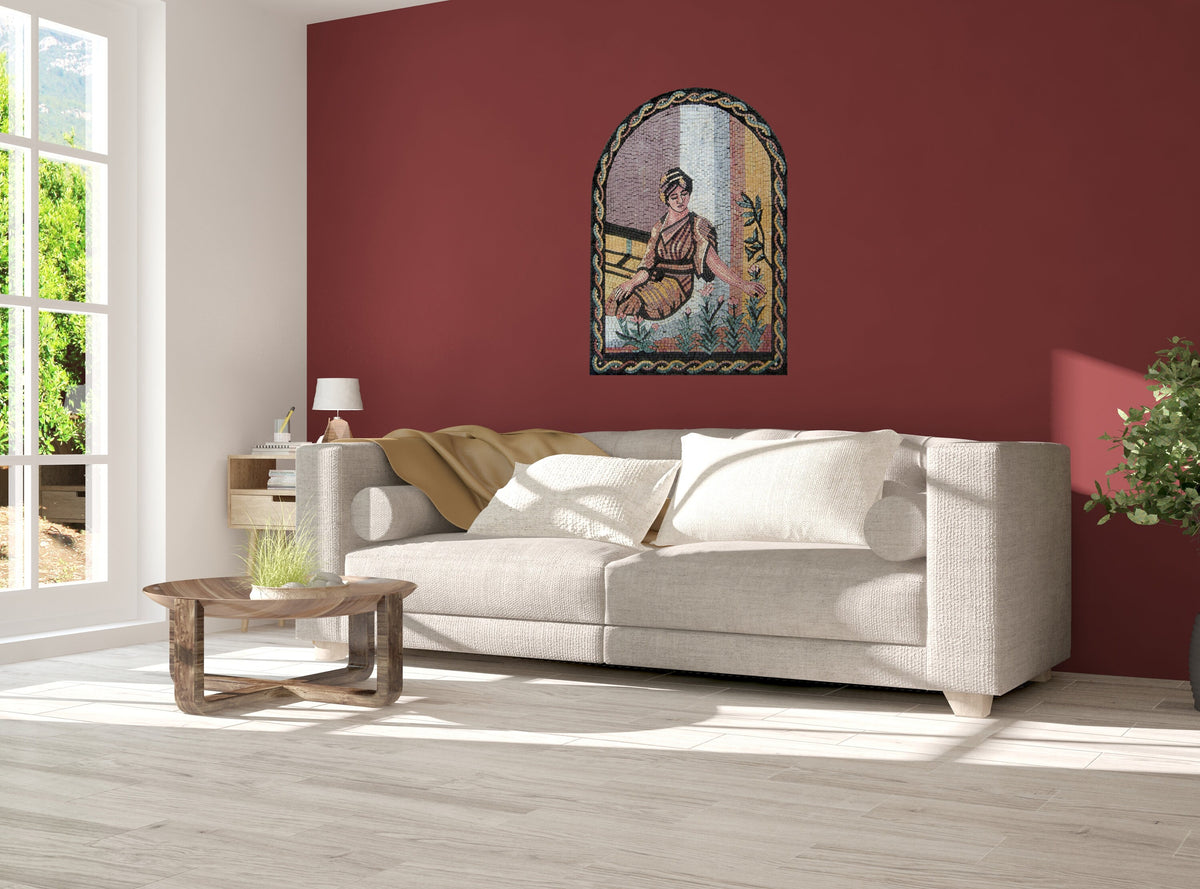 Handmade Italian Mosaic Tile: Woman with Roses, Elegant Wall Art (40” x 30")