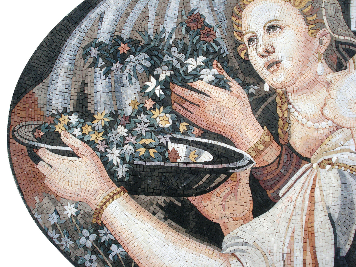 Handmade Women Portrait Mosaic Tile Mural: Wildflowers, Stone Art