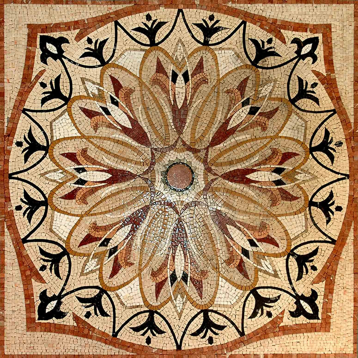 40" Floral Marble Mosaic Tile: Botanical Medallion Art