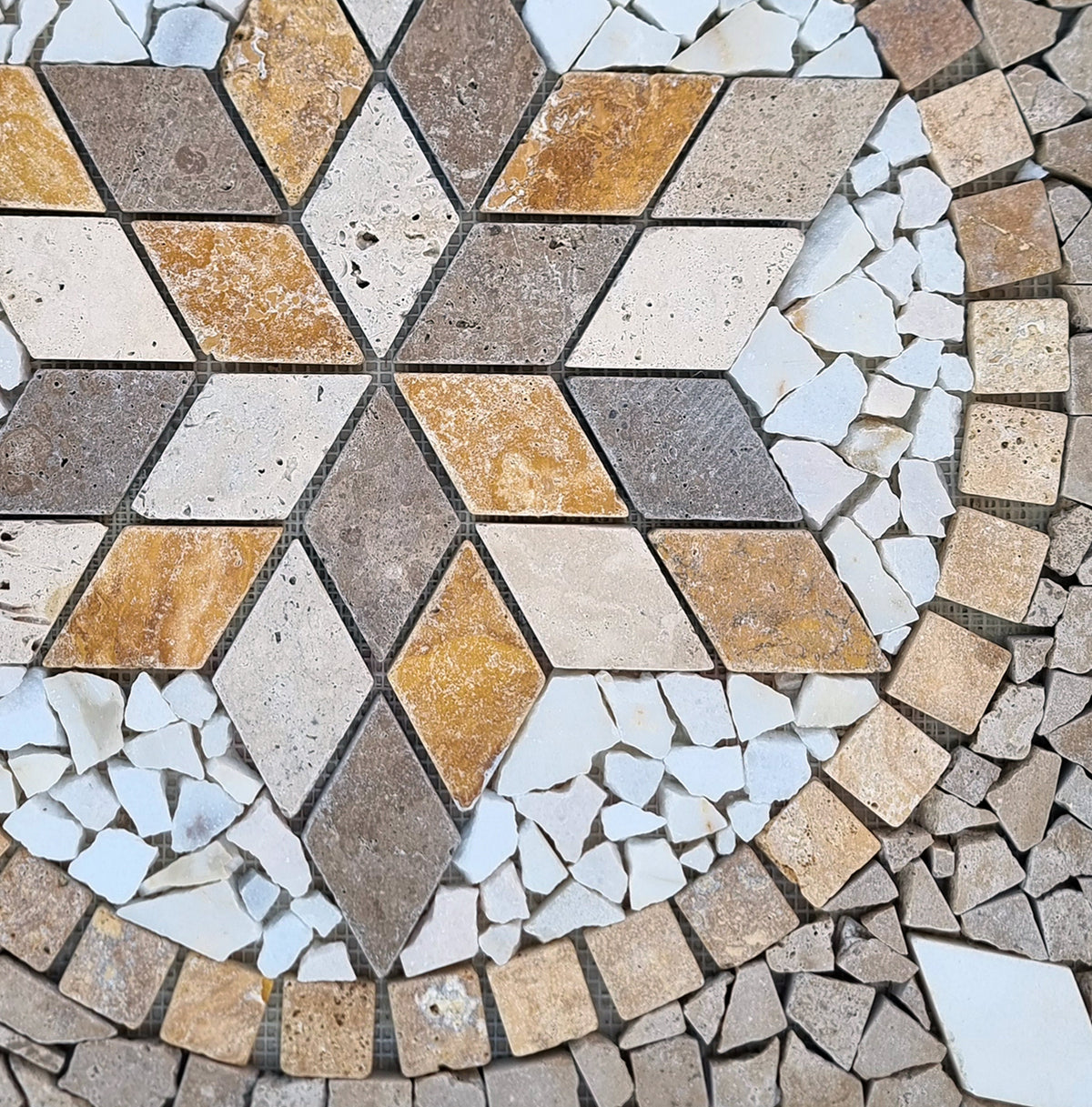 Handmade Travertine Mosaic Medallion: Tropical Stone Art, 24"