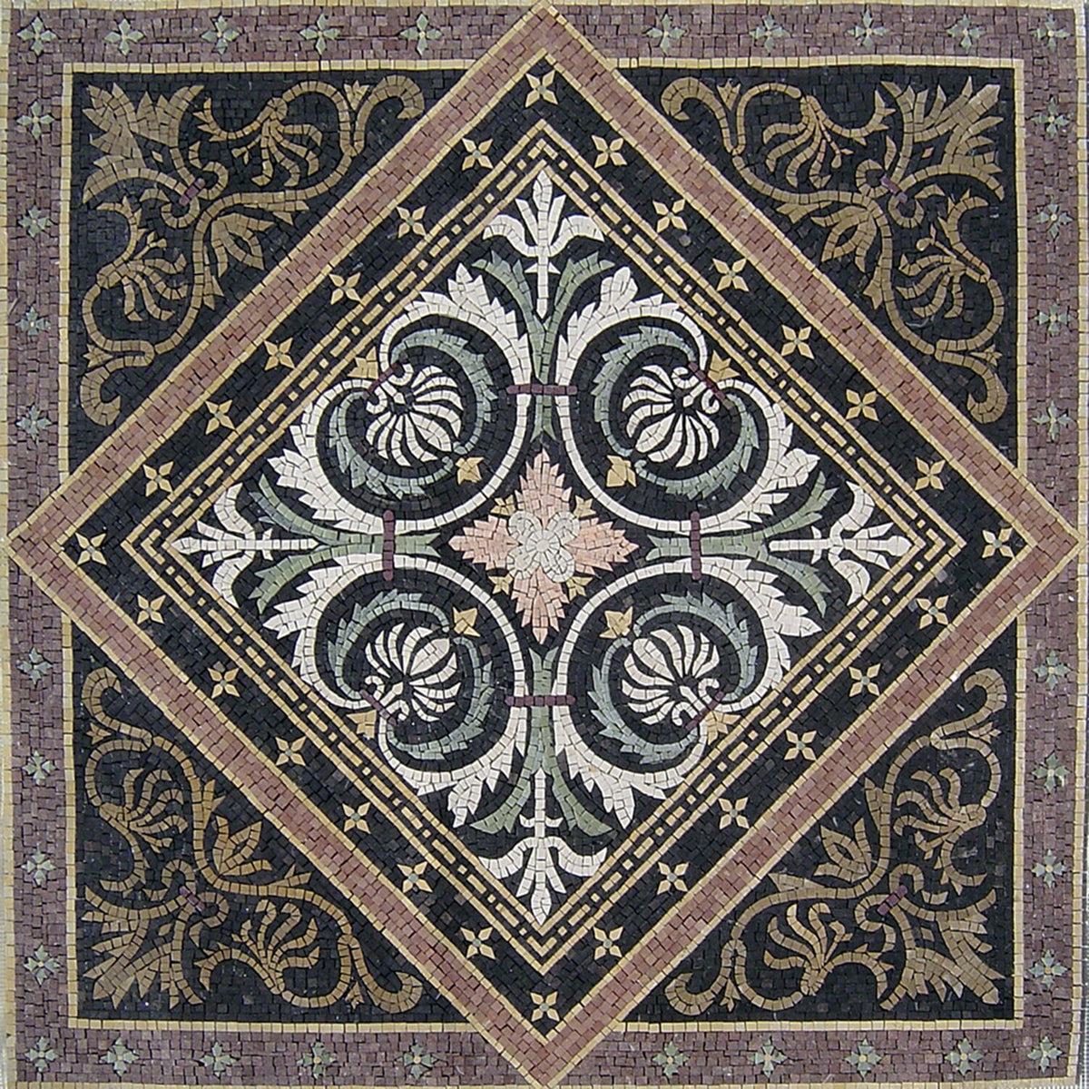 40" Medallion Marble Mosaic Tile: Geometric Inlay Artwork