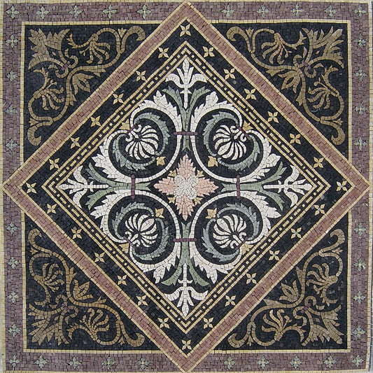 40" Medallion Marble Mosaic Tile: Geometric Inlay Artwork
