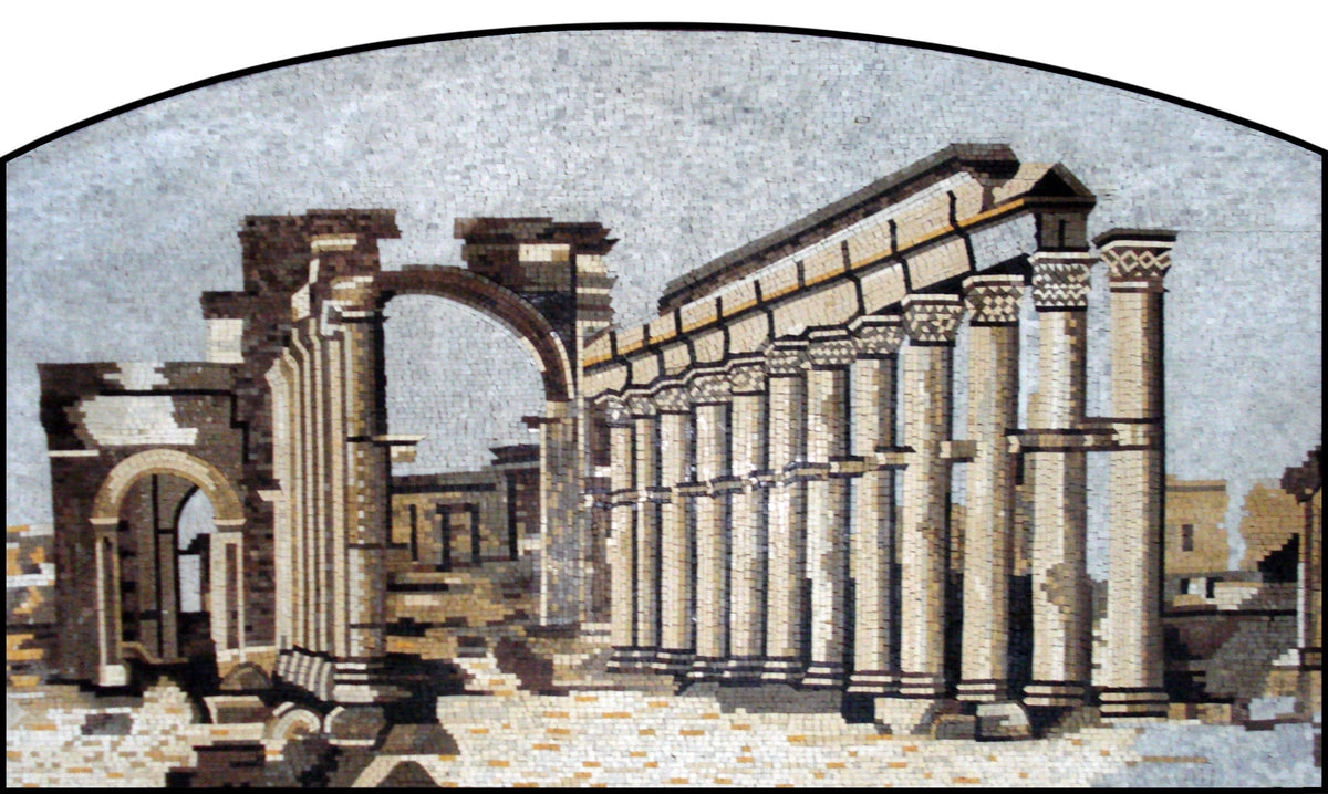 Handmade Palmyra Temple Ruins Mosaic Mural: Stone & Marble Wall Art