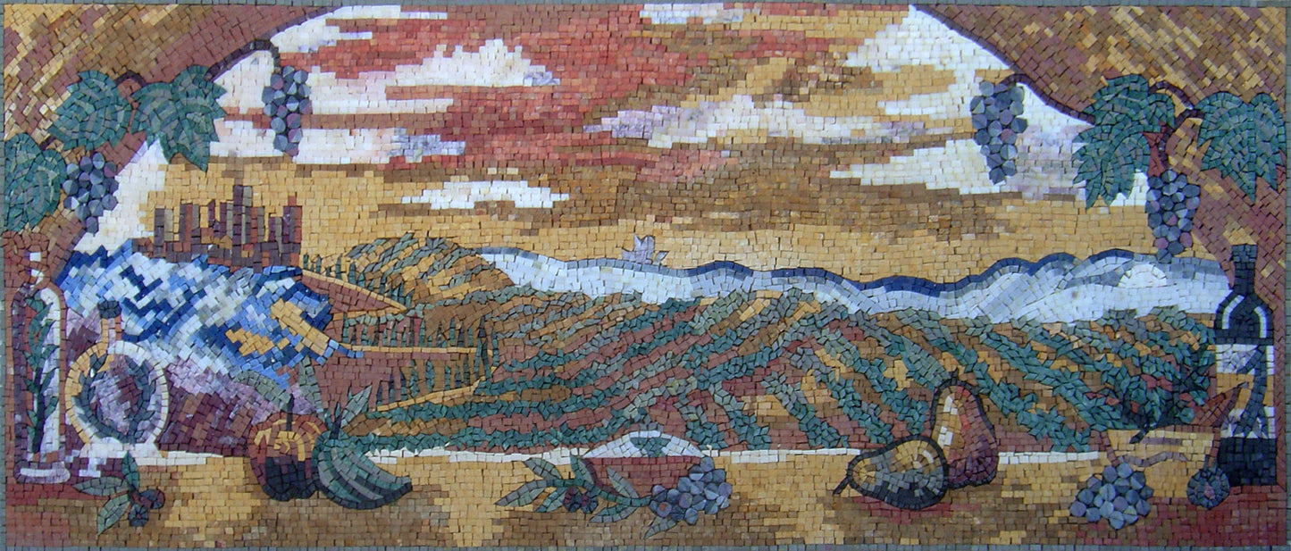 Handmade Fruit Mosaic Tile Art: Kitchen Backsplash, Stone Wall Decor (64” x 28”)
