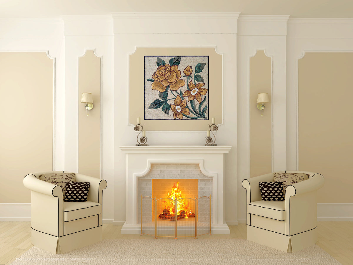 Handmade Marble Mosaic Flower Art: Vine Wall Decor Tile (36x36)