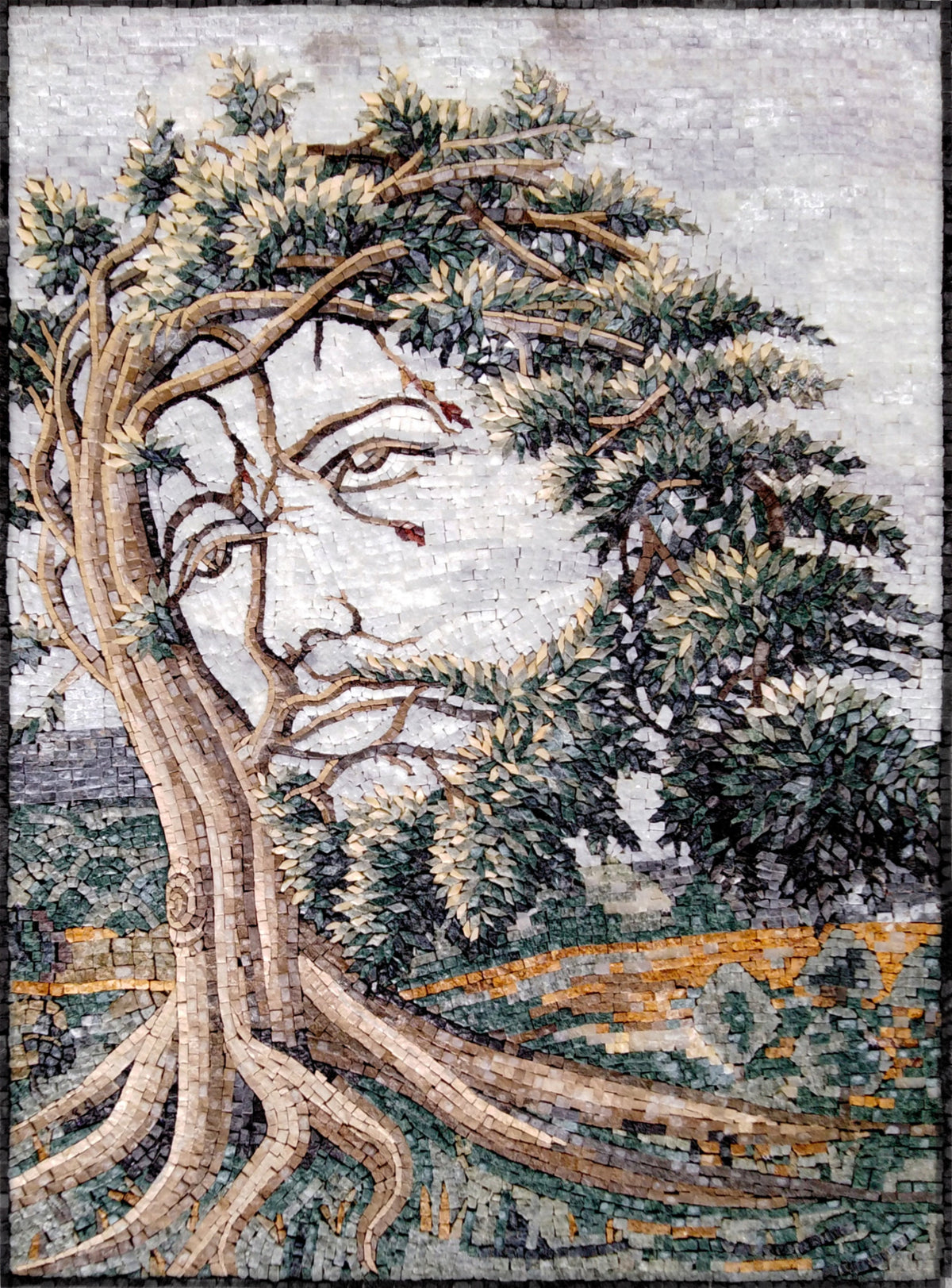 Jesus Face Tree Mosaic Art: Handmade Marble Tile Mural