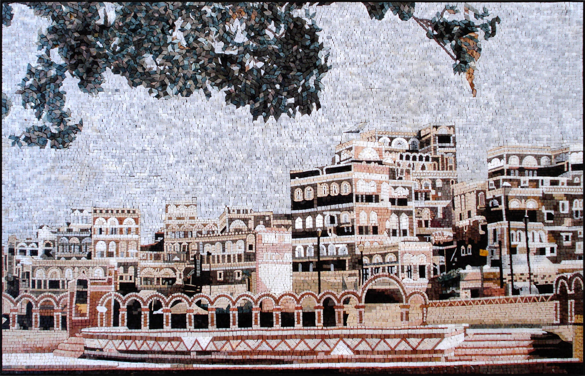 Handmade Yemen Mosaic Tile Art: Old City Wall Decor (64” x 40”)