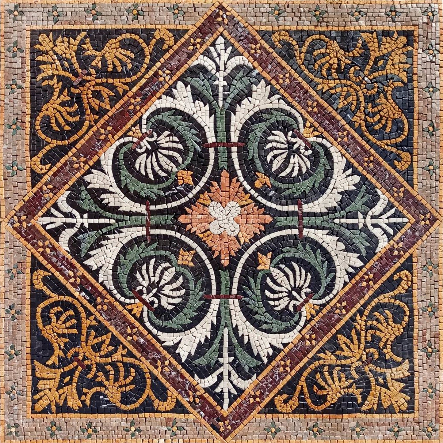 Floral Marble Mosaic Tile: Handmade Square Inlay (36”x 36")