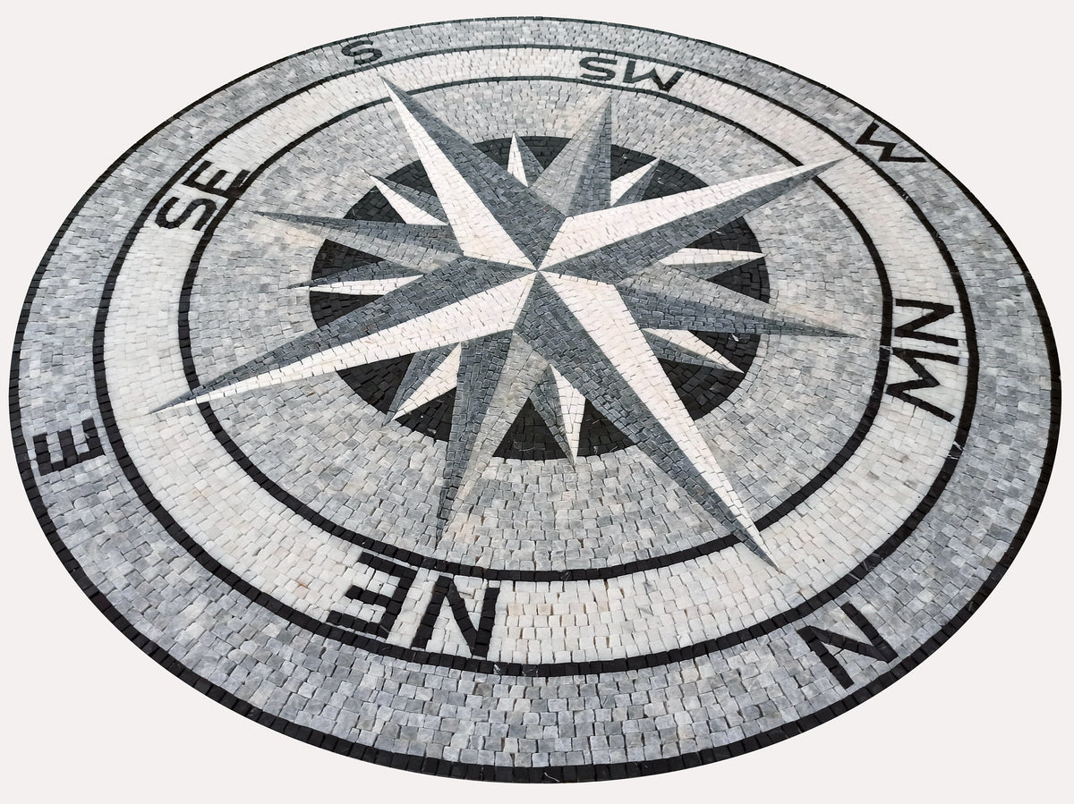 MOSAIC DESIGN - Monochrome Nautical Compass Mosaic Medallion Tile Arts - Customization available