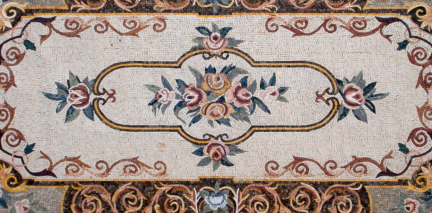 Handmade Marble Mosaic Rug: Floral Stone Inlay (112” x 60")