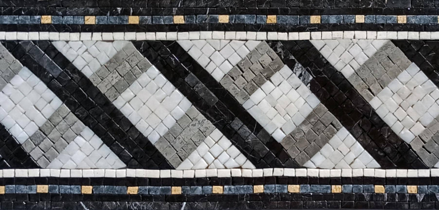Black & White Diamond Mosaic Border Tile: Handmade Marble Accent Trim