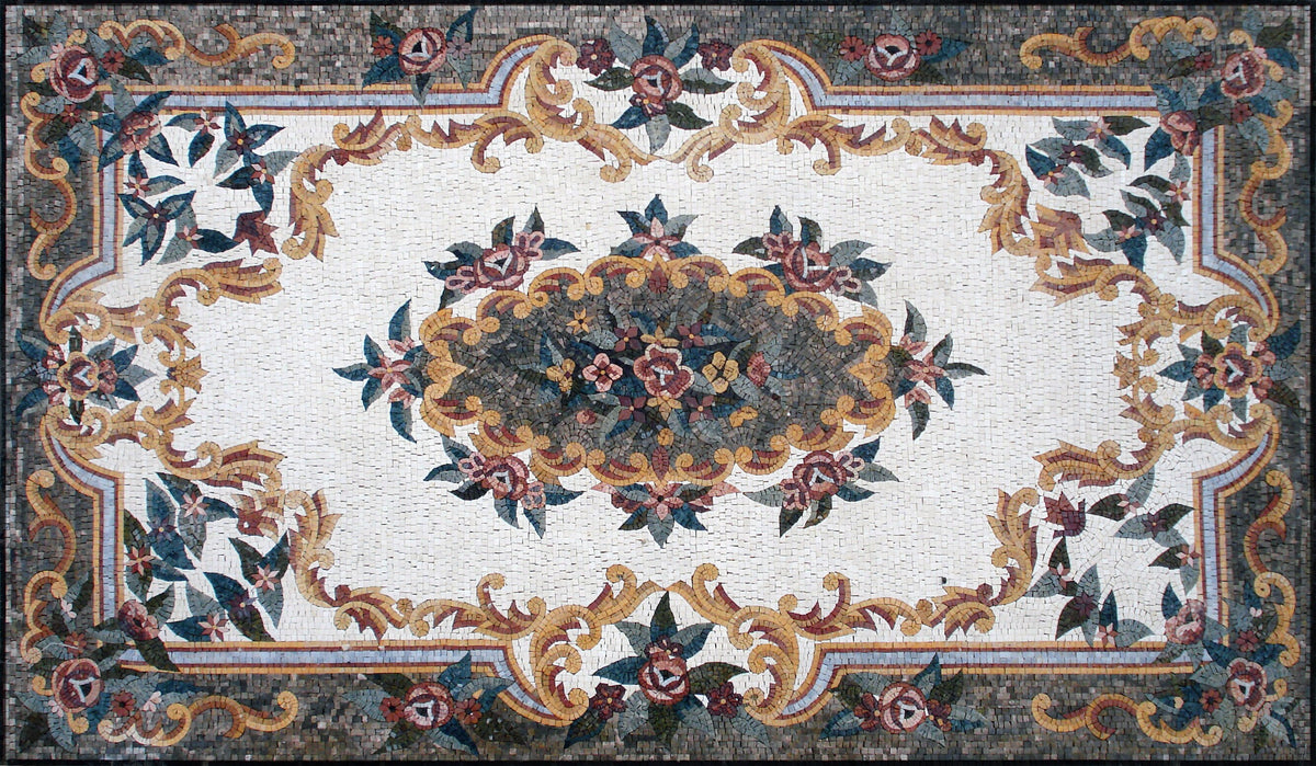 Floral Marble Mosaic Rug: Handmade Stone Art (104” x 60”)