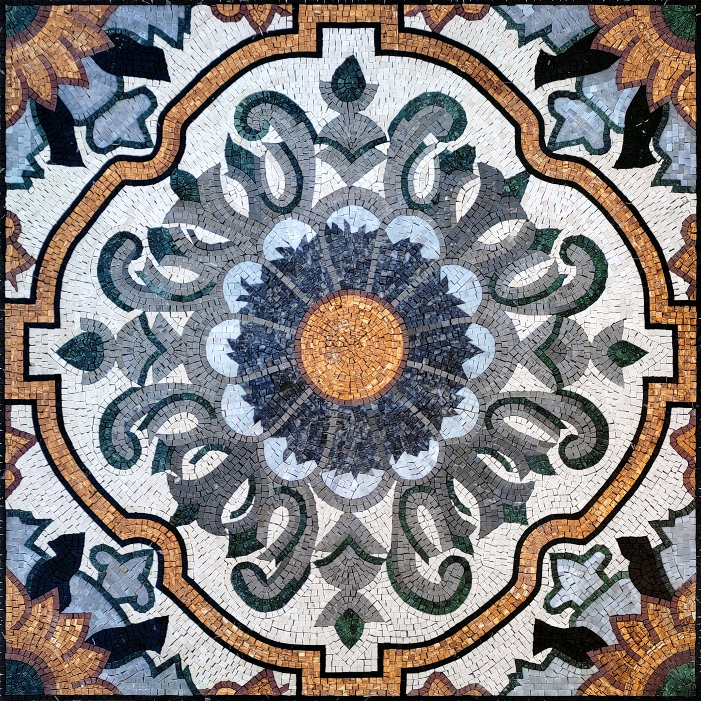 Handmade Marble Mosaic Medallion: Geometric Floral Tile, 48” Square