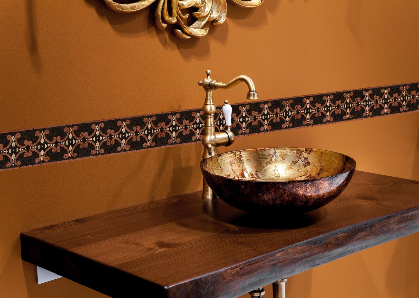 Black & Copper Mosaic Border: Handmade Marble Tile Trim - 8" x 40"