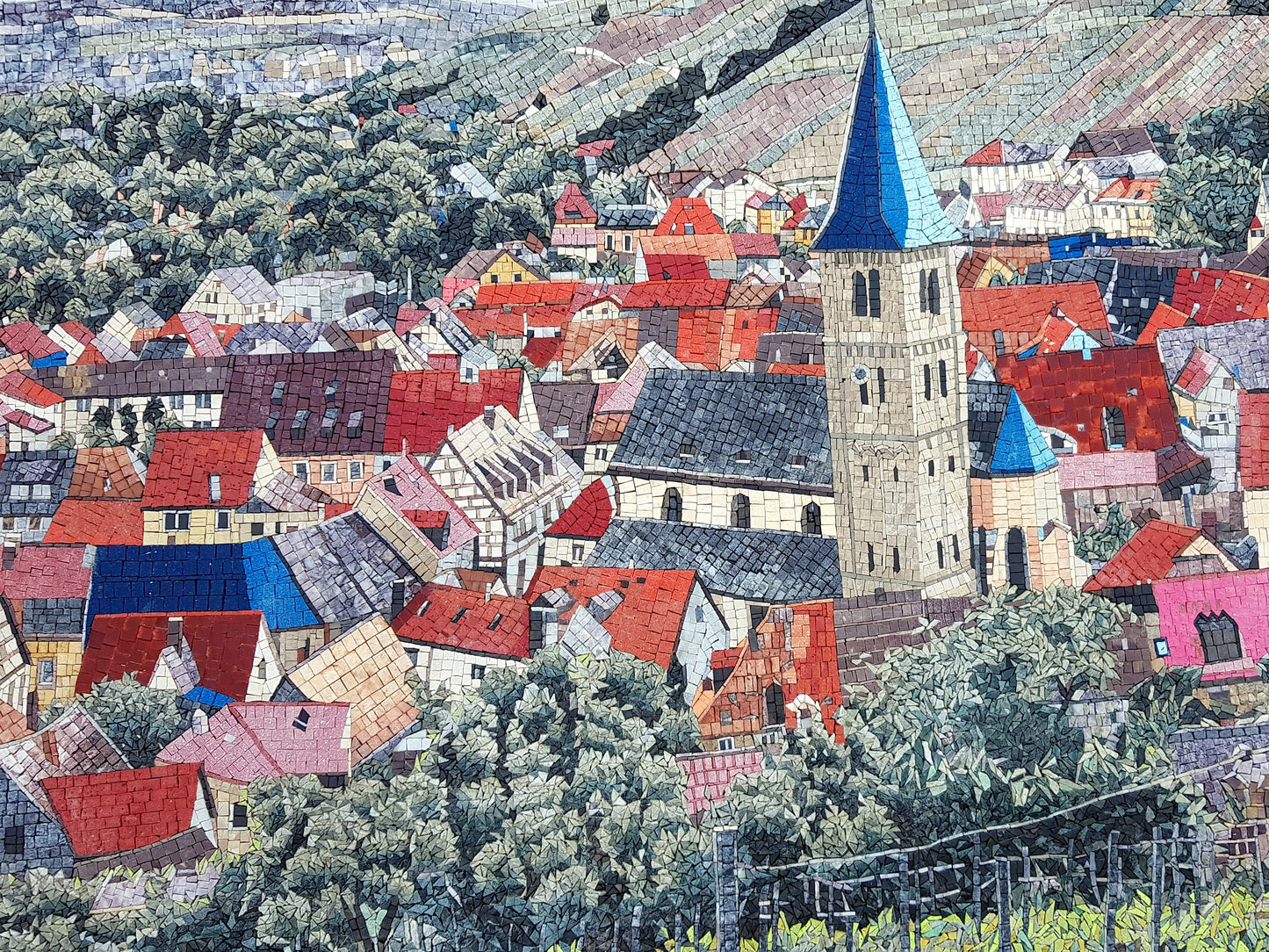 Handmade Vineyard Mosaic Tile Art: European Village Scenery (68” x 48”)