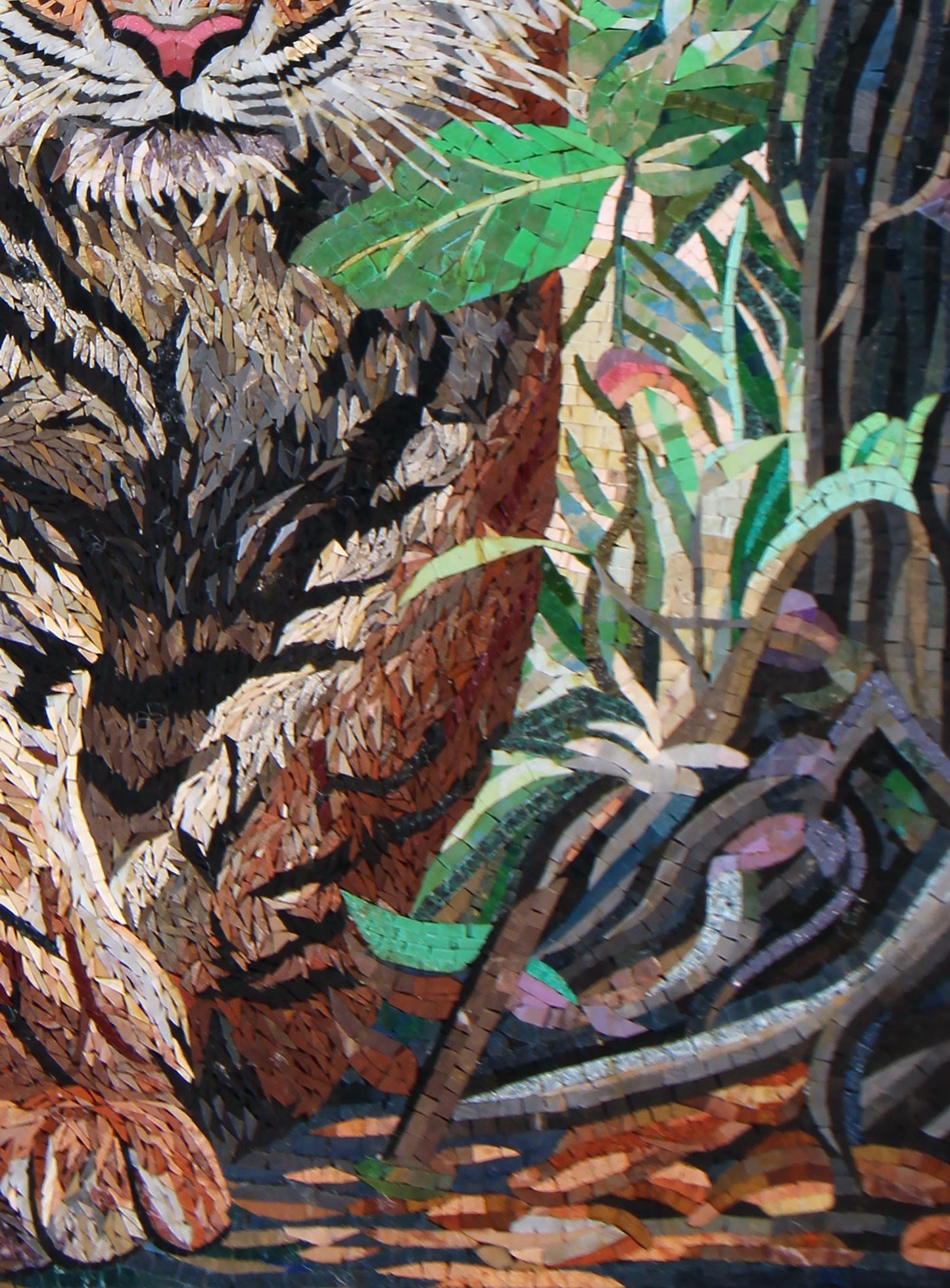40"x28" Tiger in Leaves Mosaic Wall Art – Custom Handmade Marble Tile Artwork, Jungle Wildlife Decor, Customization Available