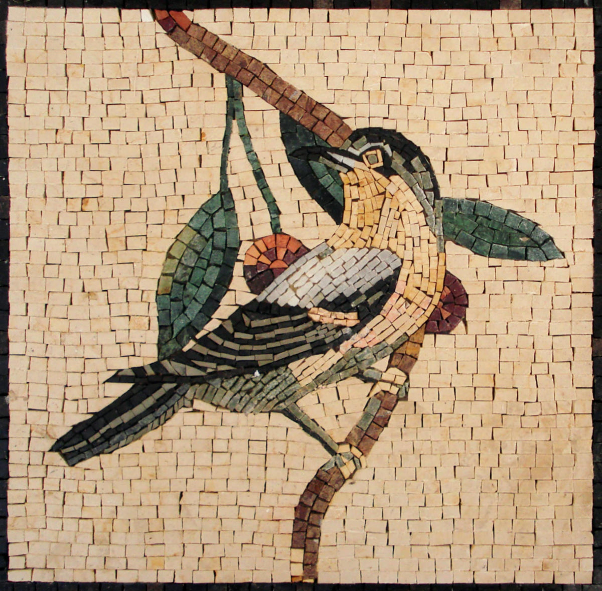 Handmade Bird Mosaic Tile Art: Colorful Marble Wall Decor (16x16)