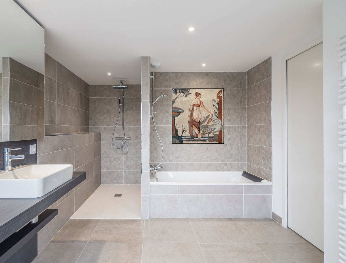 Handmade Leda and the Swan Mosaic Mural: Marble Tile Art (44” x 40")