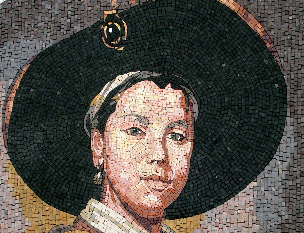 Boy with Cavalier Hat Mosaic Mural: Handmade Stone Tile Art