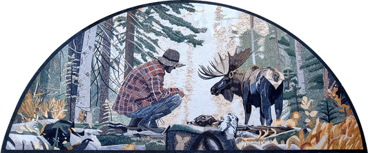 120"x50" Man with Deer Mosaic Wall Art – Wildlife Scene, Nature-Inspired Home Decor, customization available