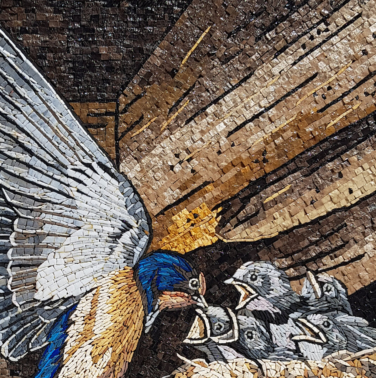 Handmade Bird Mosaic Tile Art: Mother Feeding Chicks, Stone Wall Decor