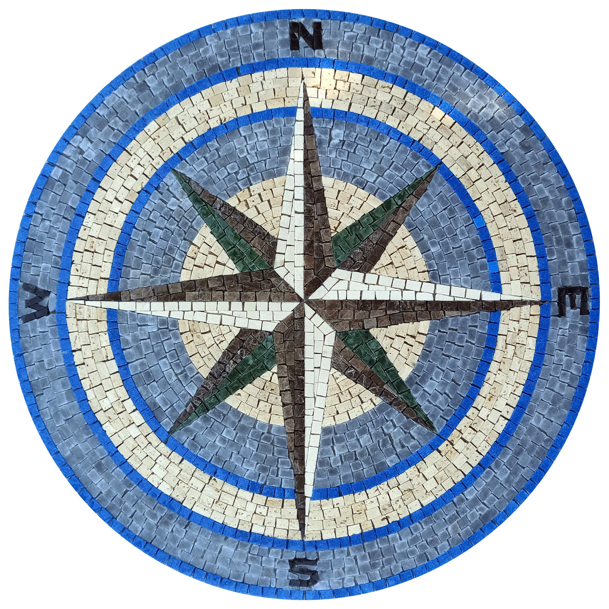 Nautical Compass Mosaic Tile: Blue Wind Rose Medallion (32" Diameter)