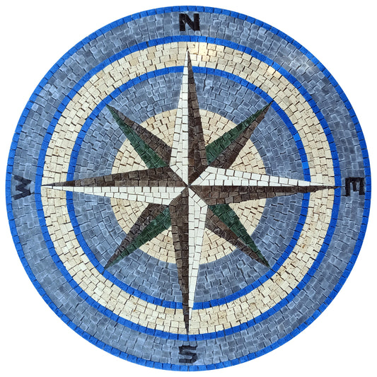 Nautical Compass Mosaic Tile: Blue Wind Rose Medallion (32" Diameter)