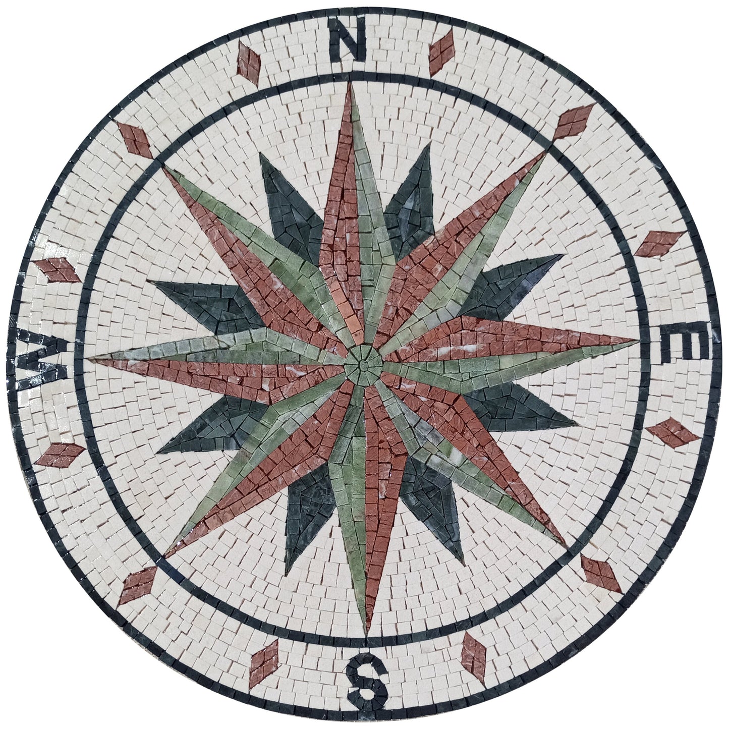 Handmade Compass Rose Mosaic Medallion Tile Art: Pink & Green Marble (32")