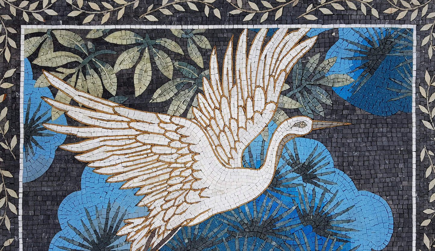 Handmade Swans Mosaic Tile Art: Indoor/Outdoor Wall Decor (55” x 32")