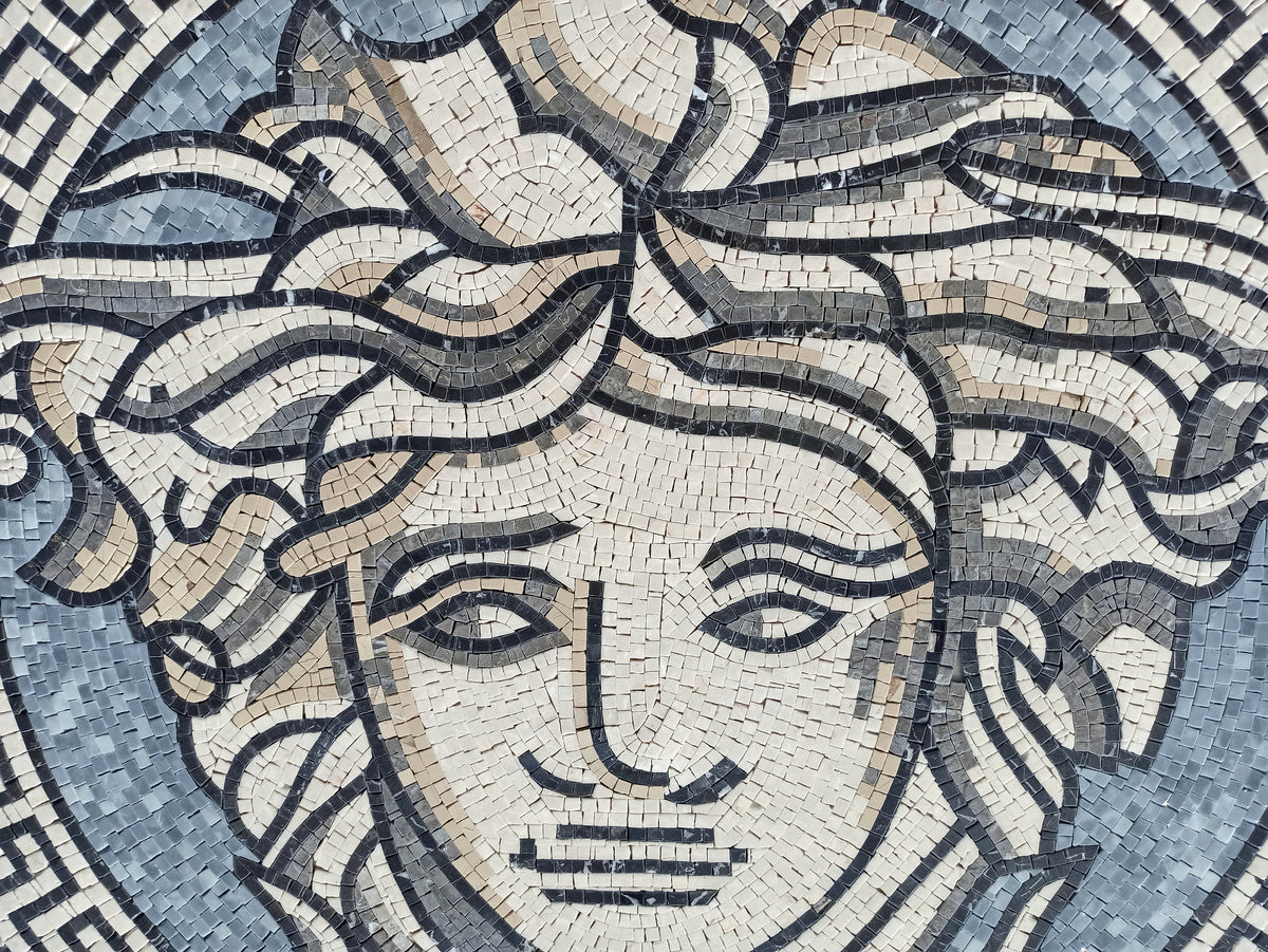 Mythical Marvel - Handmade Multitoned Medusa Head Marble Mosaic Medallion Art Tile - Customization available
