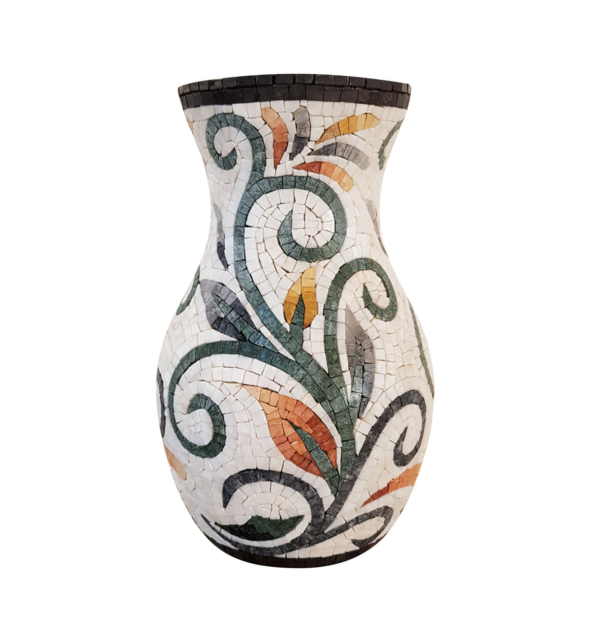 Handmade Marble Mosaic Vase: Black and White Floral Design