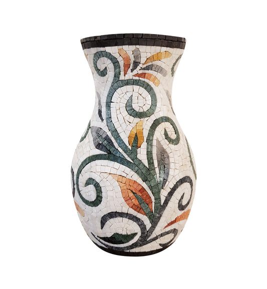 Handmade Marble Mosaic Vase: Black and White Floral Design