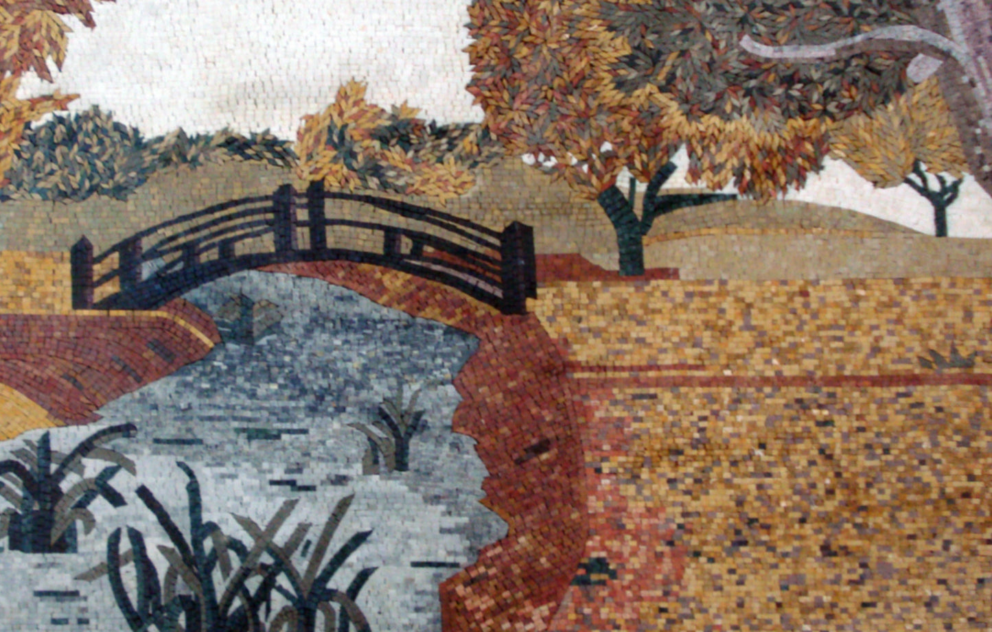 Handmade Marble Mosaic Tile: Autumn Bridge Scene Wall Art (62” x 40")