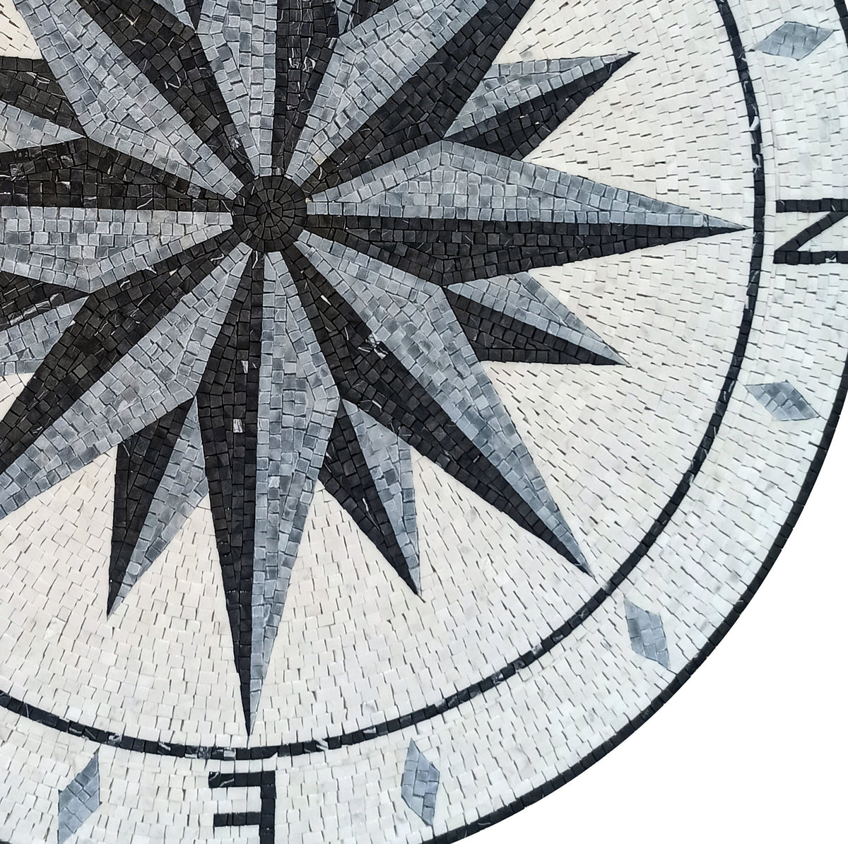 Handmade Greyscale Compass Rose Marble Mosaic Medallion Tile (32")