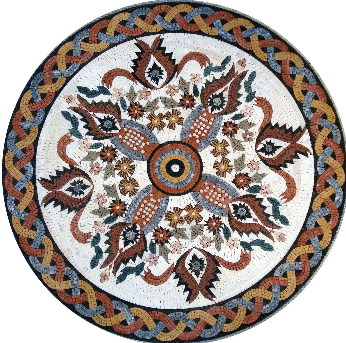 Floral Marble Mosaic Medallion: 40" Handmade Art Tile Décor