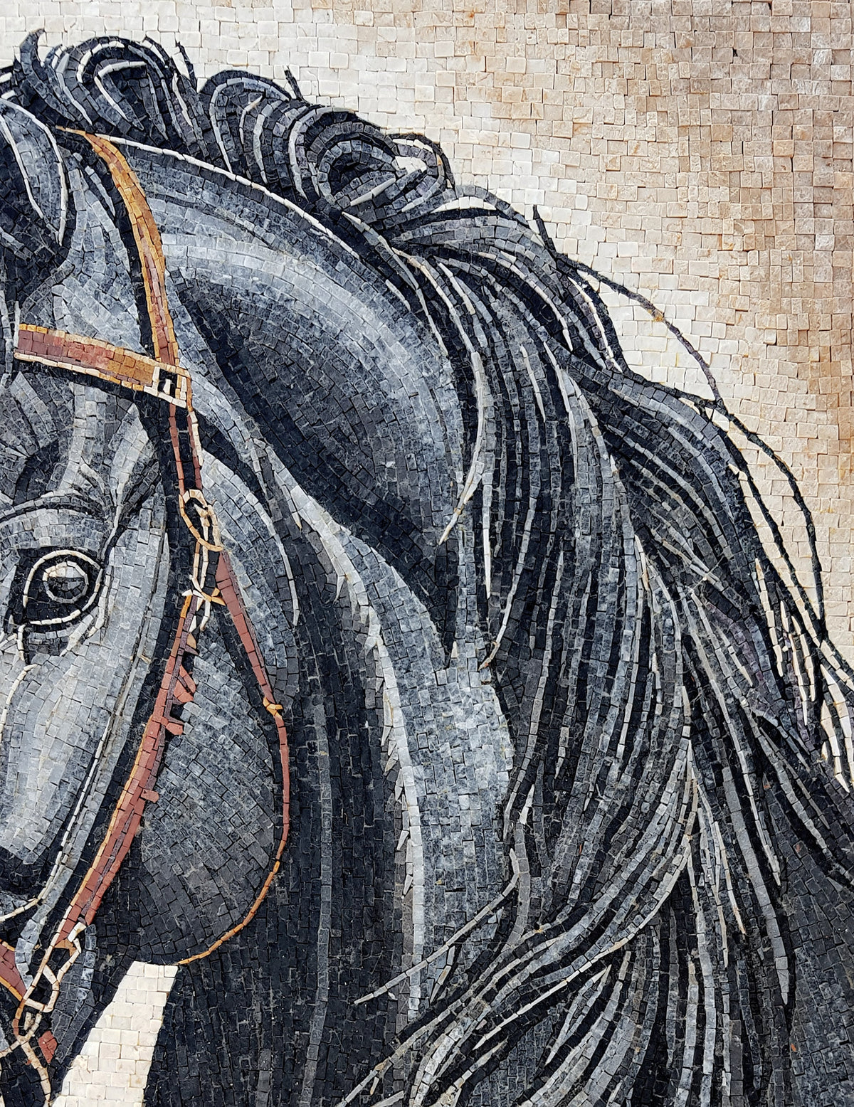 Black Horse Mosaic Tile Art: Marble Animal Wall Decor (44” x 36”)