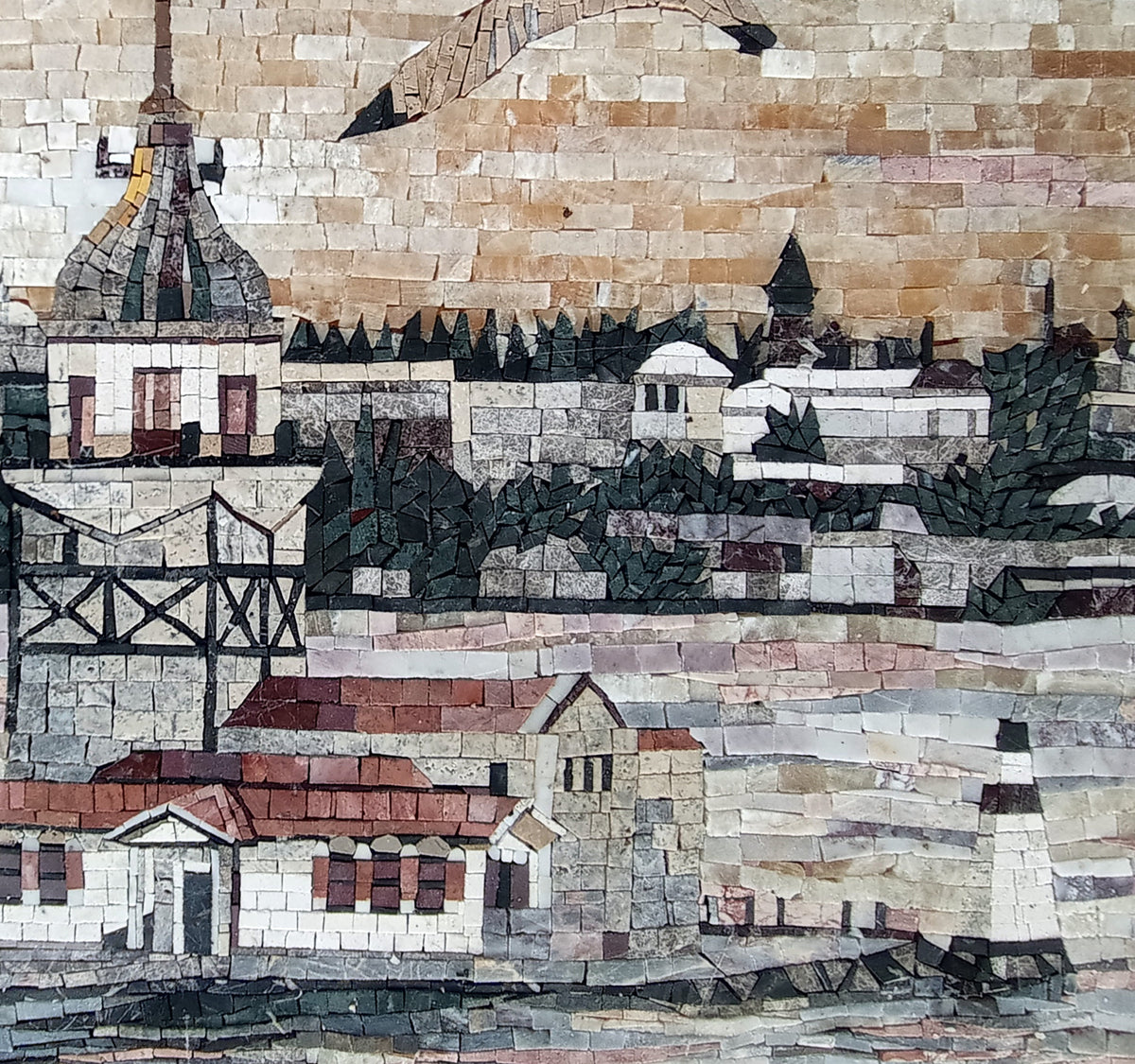 Handmade Turkish Mosaic Tile Art: Mosque & Birds Scenery (32” x 24”)